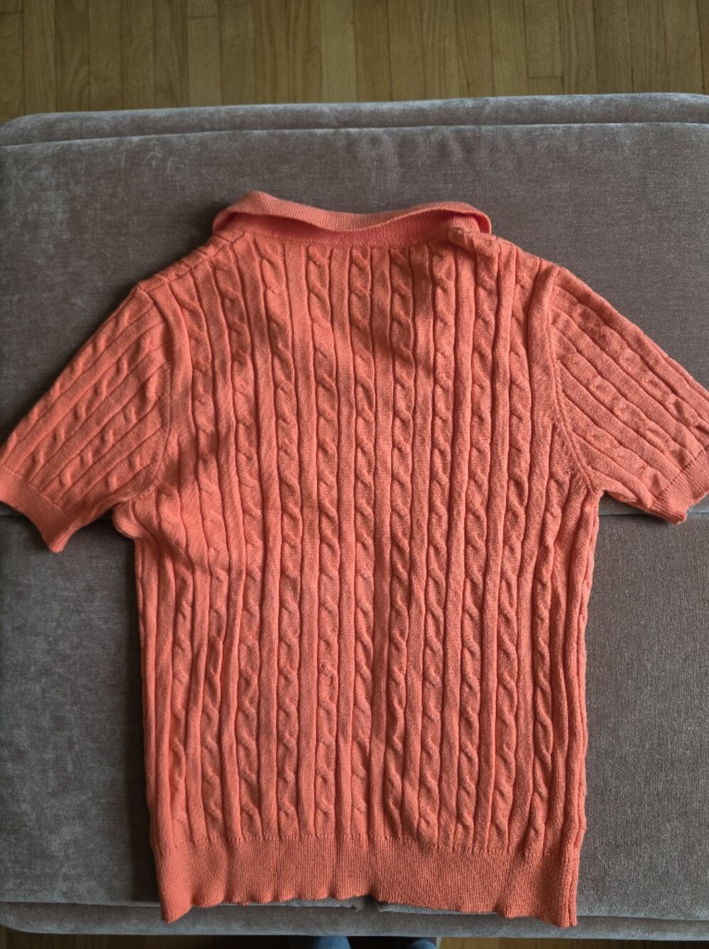 Cable Knit Sweater Short Sleeve Polo Top V Neck Bright Orange Sz L - Picture 3 of 5